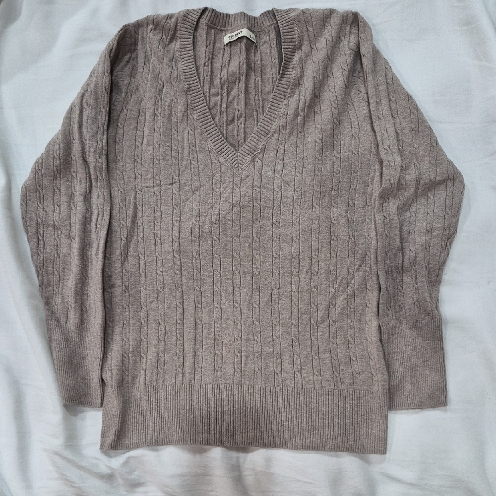 Women's Old Navy V-Neck Cable Knit Cotton Sweater Taupe Mushroom Cottagecore